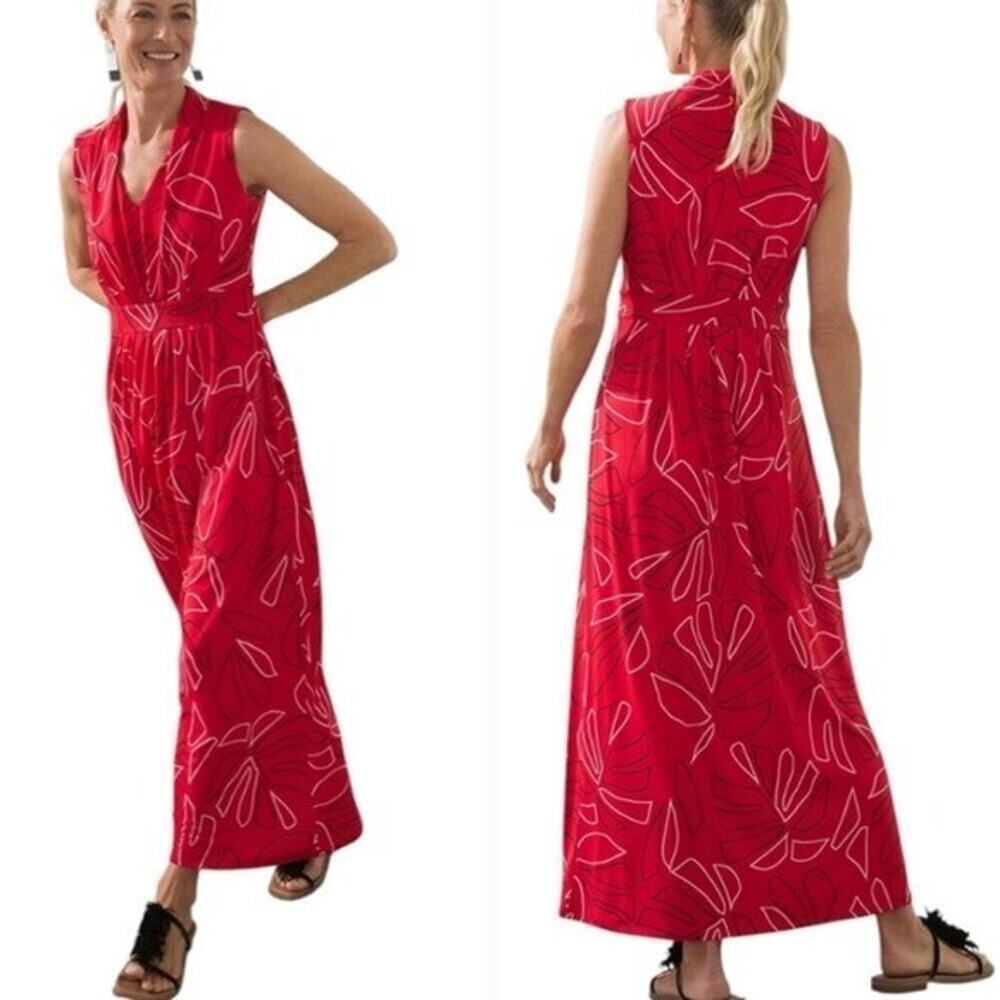 Chicos Red Abstract Leaf Print Sleeveless V-Neck Maxi Dress‎ Size 3 US 16/18